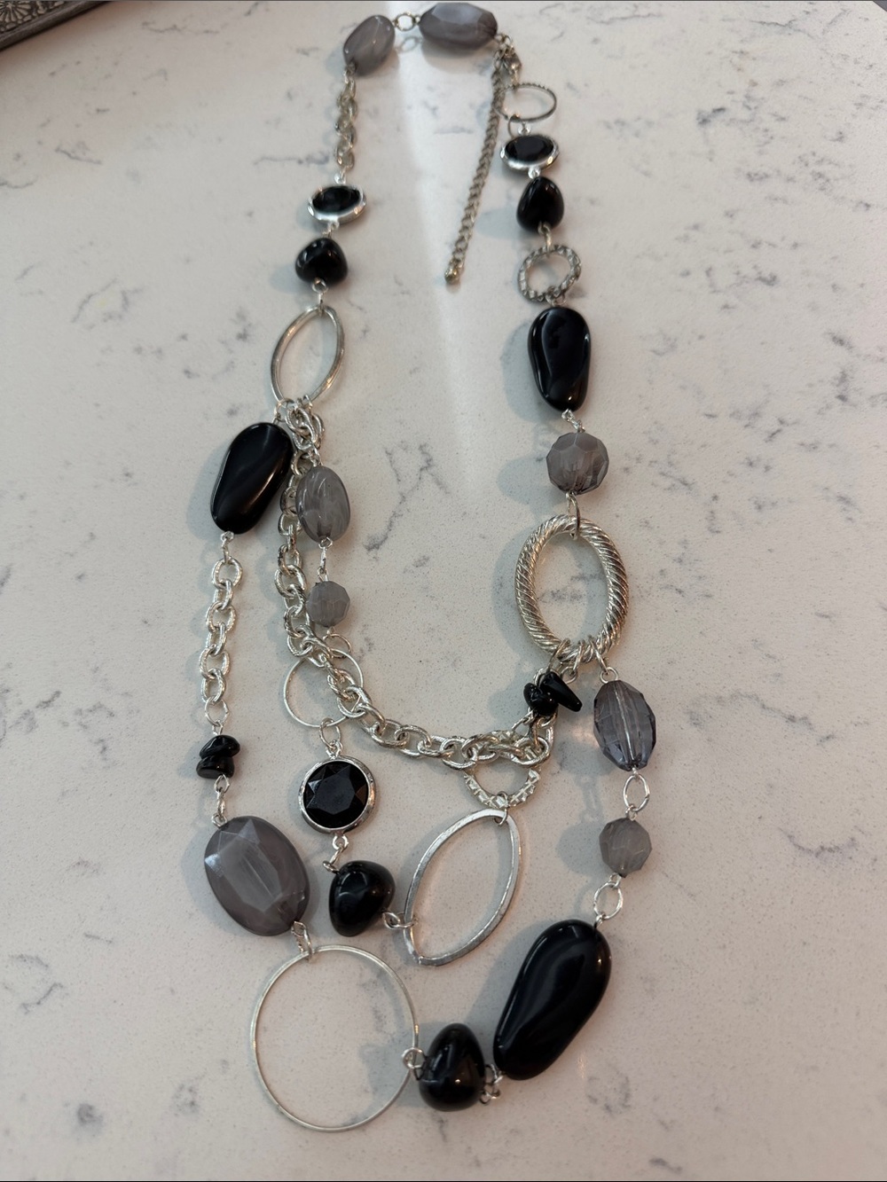 Source Unknown Silver-Tone Layered Necklace with Black and Gray Accents